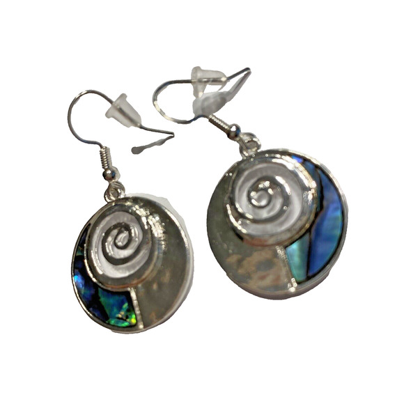 Beachy Pierced Earrings Drop & Dangle Wires Silver & Green Blue Abalone Shell - Picture 2 of 6